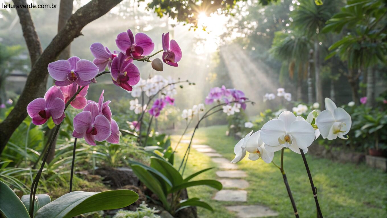 Um jardim sereno e vibrante com orquídeas desabrochando em várias cores, incluindo rosa, roxo e branco, com luz suave filtrando pelas folhas.