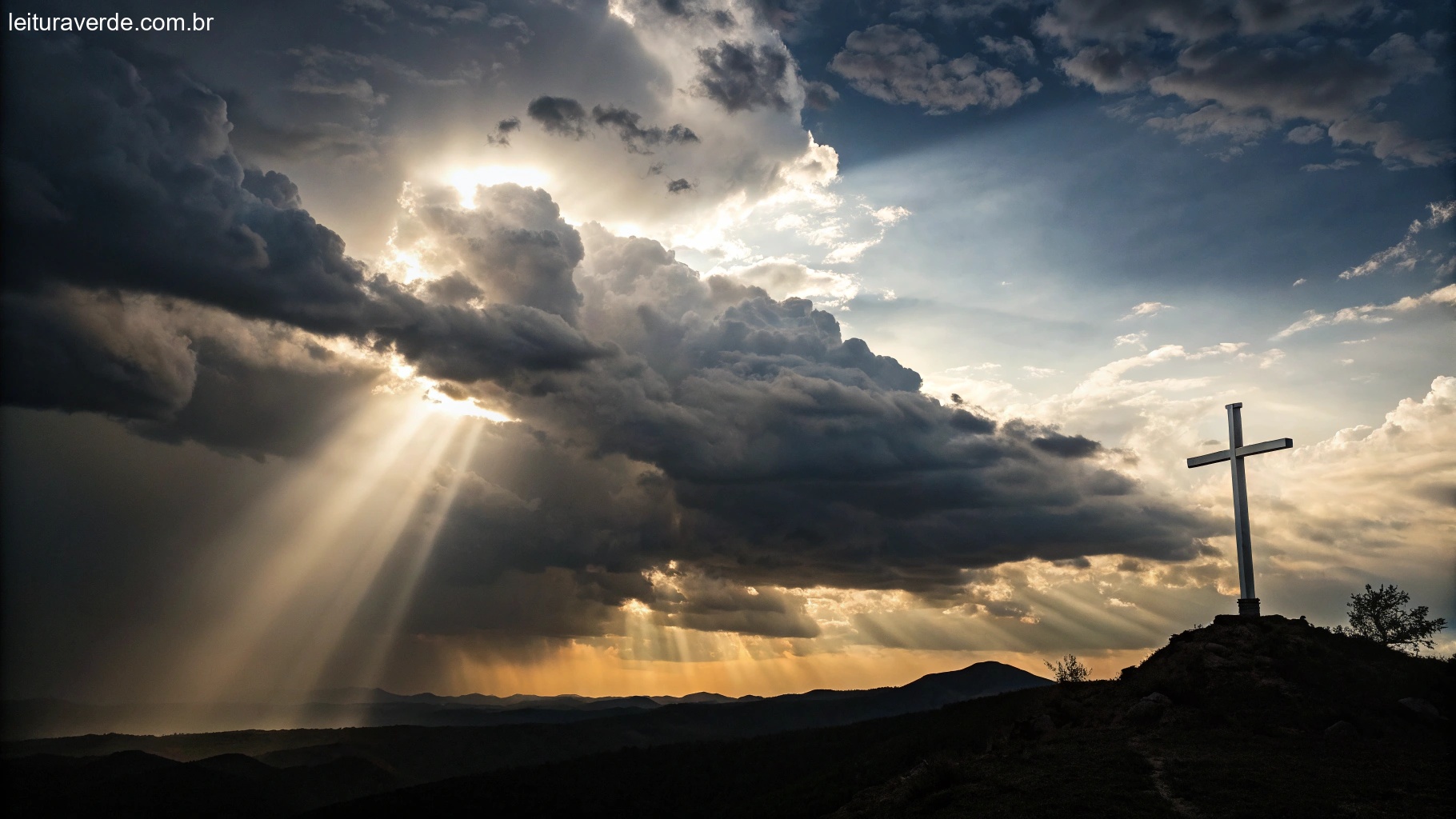 Uma luz brilhante rompendo através de nuvens escuras, simbolizando como a fé pode transformar a vida