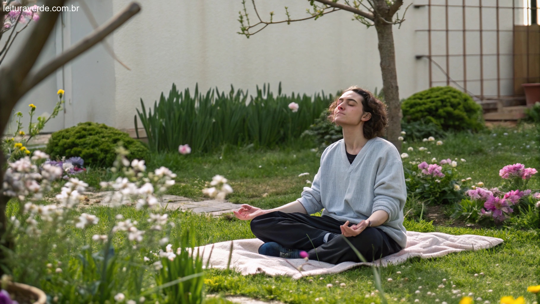 Uma pessoa meditando em um jardim tranquilo, ilustrando como aplicar o salmo no dia a dia