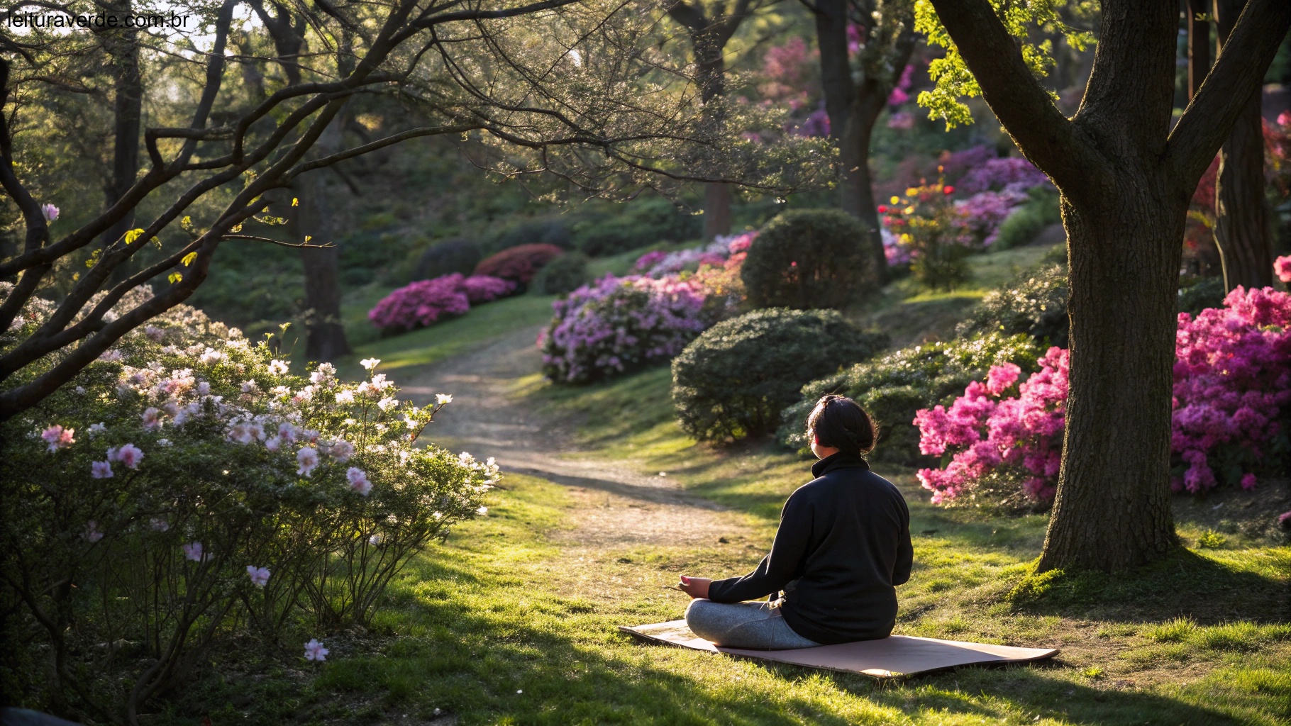 Pessoa meditando em um jardim tranquilo, cercada por flores e luz do sol, representando a aplicação diária da sabedoria