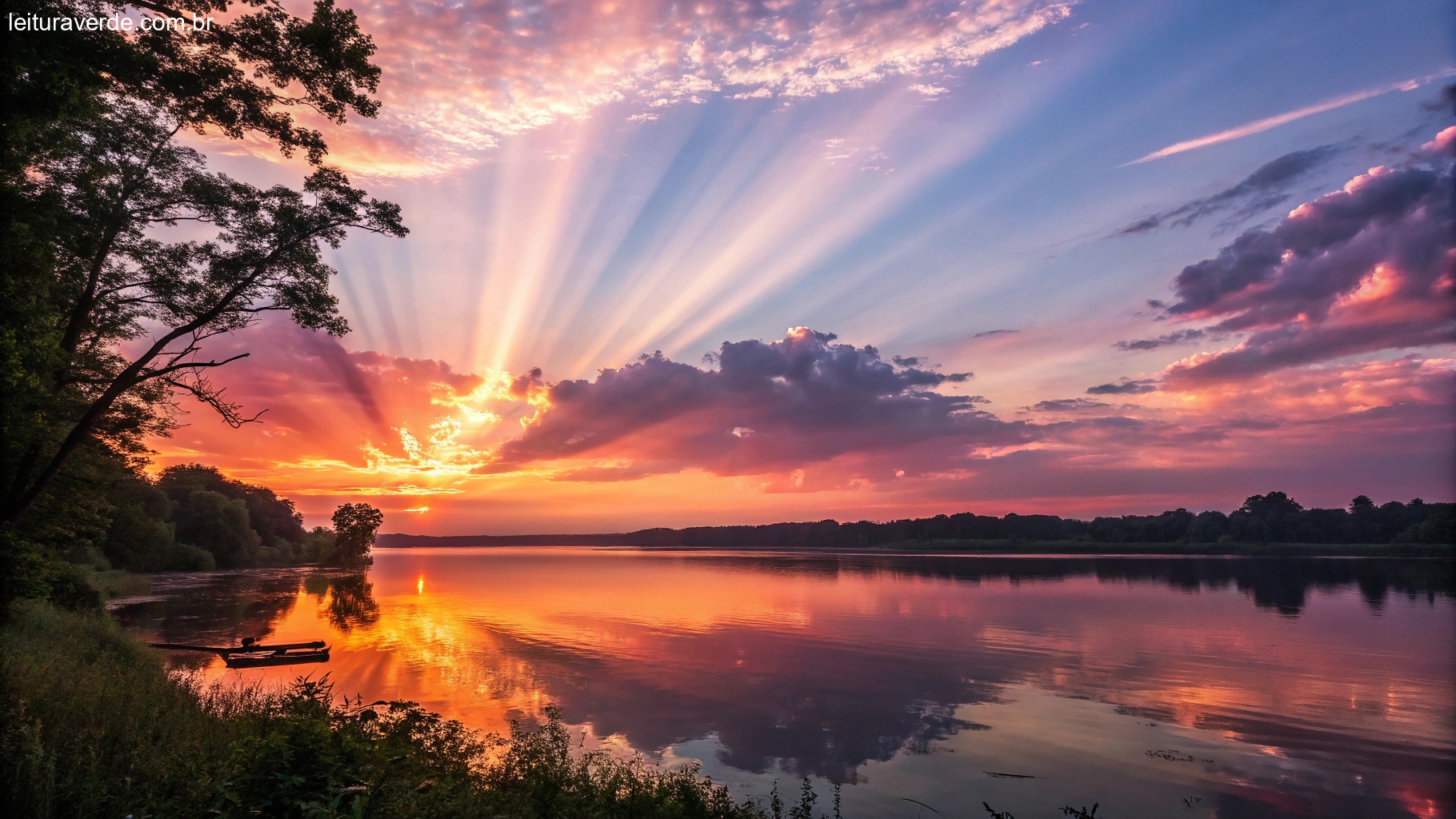 Nascer do sol sobre um lago calmo, com raios de luz atravessando as nuvens, simbolizando positividade e renovação