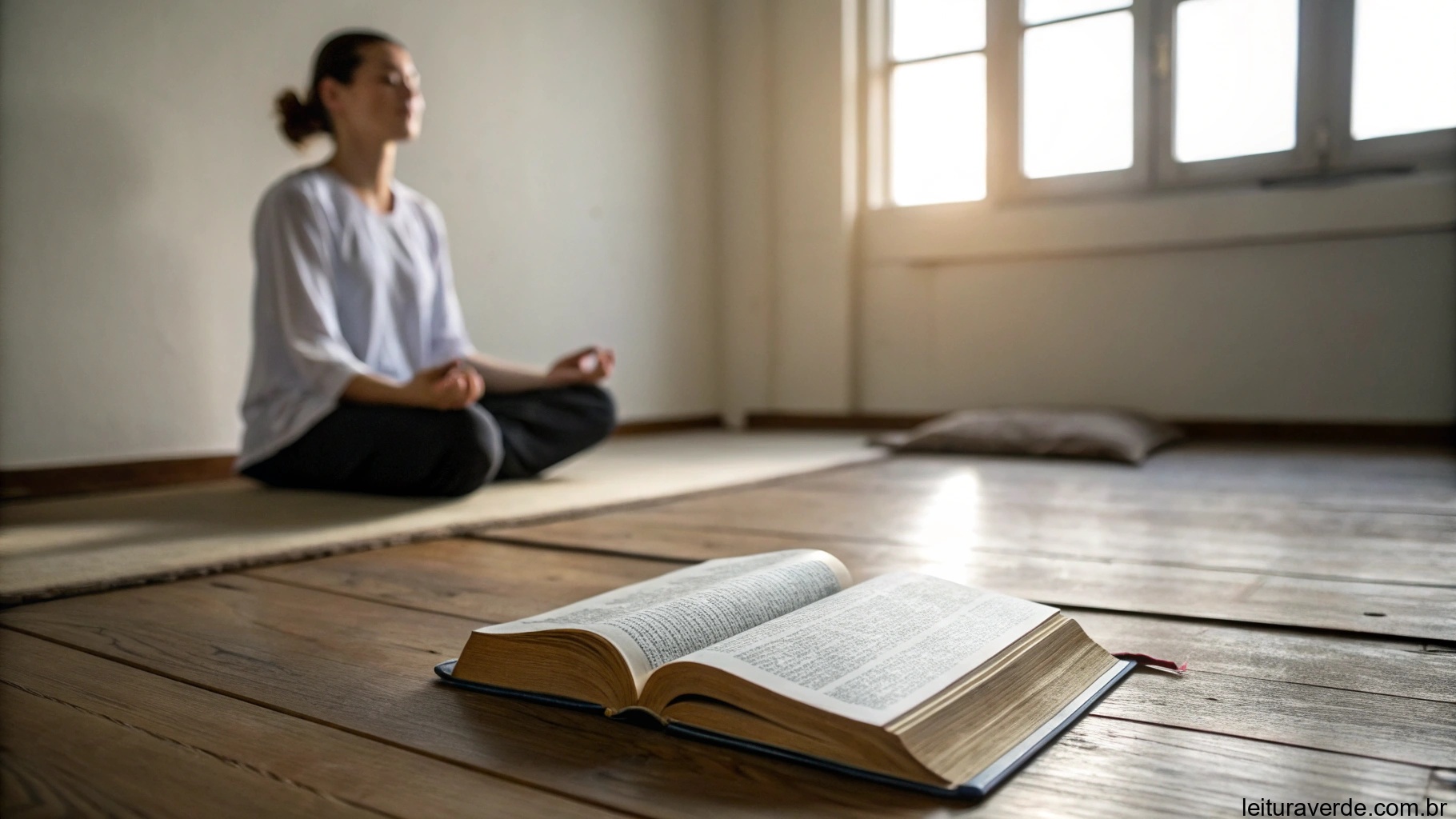 Pessoa meditando em um quarto silencioso com uma Bíblia aberta, simbolizando reflexão e crescimento espiritual