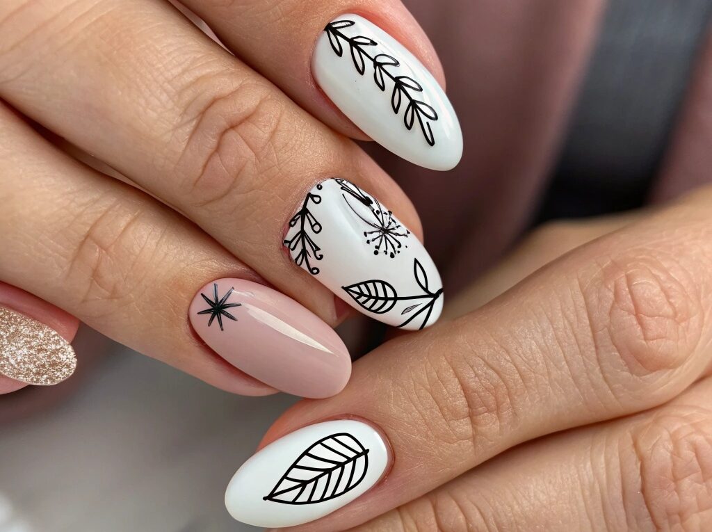 Mãos de uma mulher com unhas decoradas de forma simples e elegante, destacando designs criativos de nail art feitos em casa.