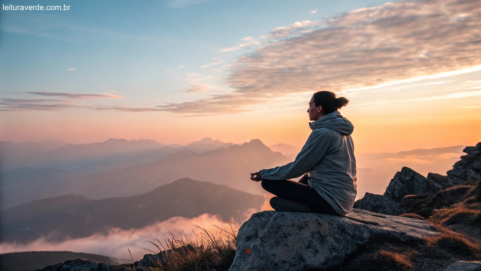 Uma pessoa meditando no pico de uma montanha durante o nascer do sol, com uma expressão tranquila