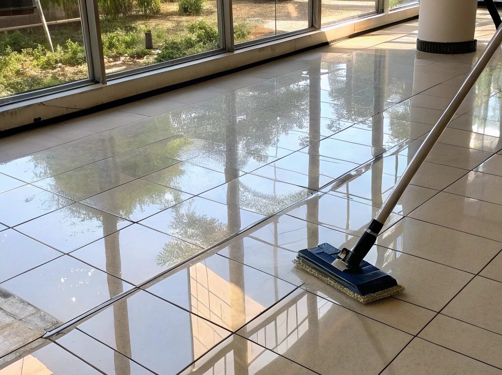 Piso limpo e brilhante com luz natural refletindo em sua superfície