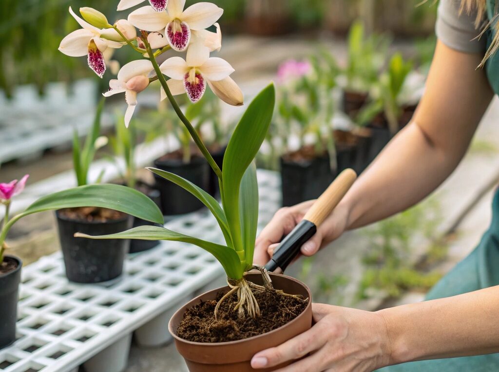 Iniciante plantando orquídeas em um jardim