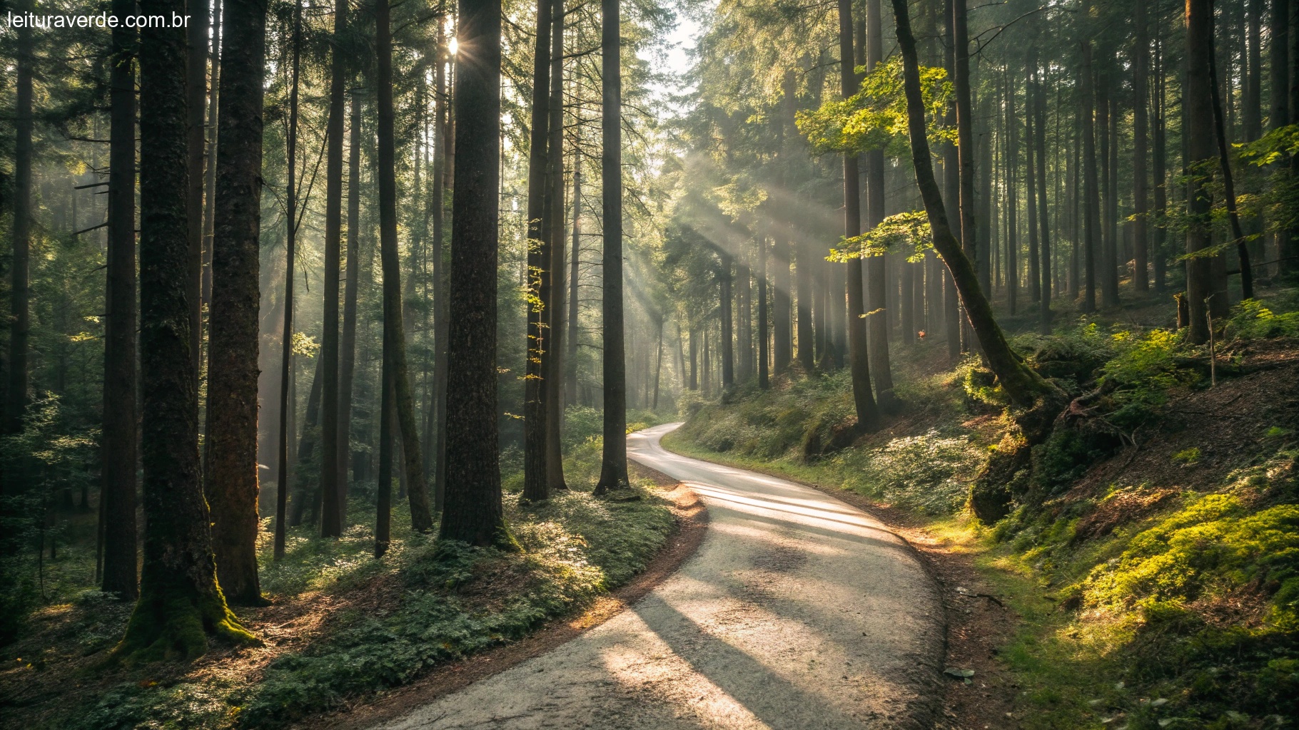 Uma trilha na floresta cercada por árvores altas, com a luz do sol atravessando a copa das árvores, criando uma conexão com a natureza