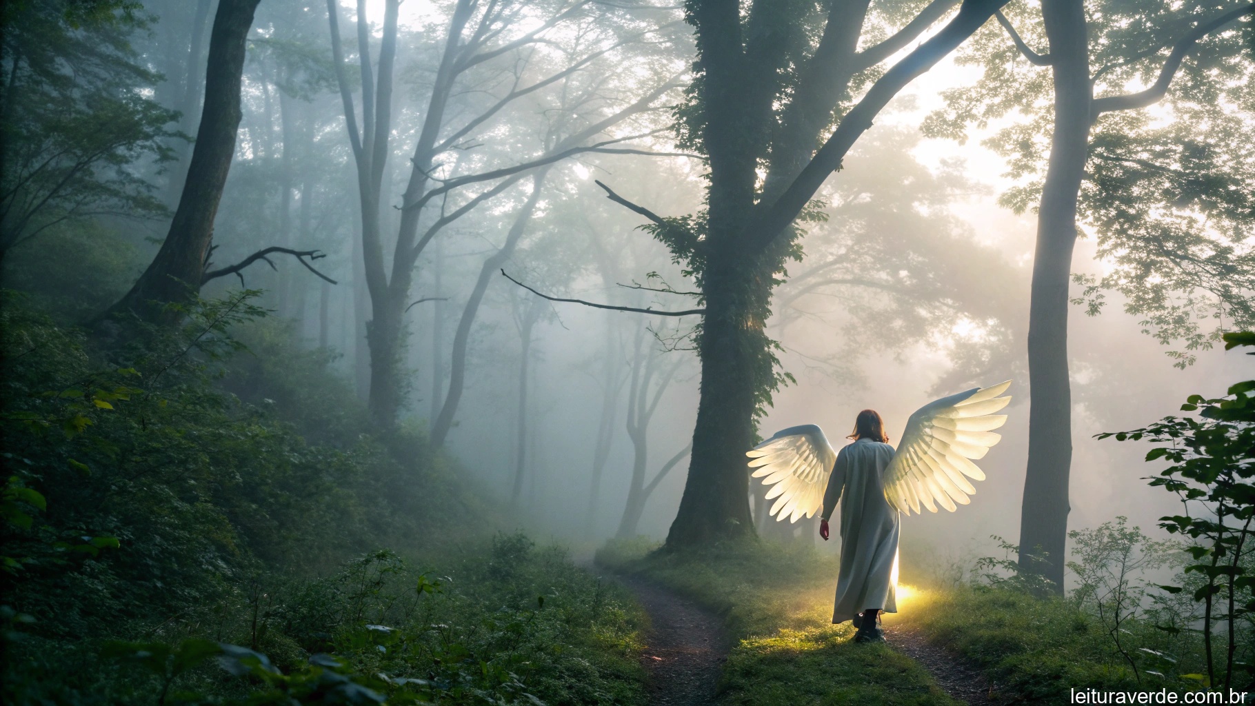 Figura brilhante com asas em pé em uma floresta nebulosa, representando uma conexão com o anjo da guarda