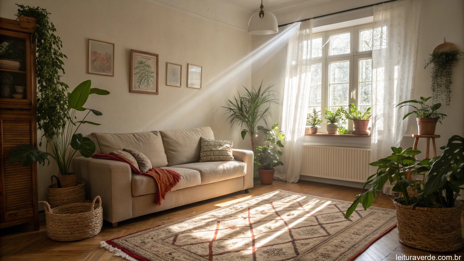 Sala aconchegante com sofá, plantas e um tapete aquecido, com luz do sol criando um ambiente acolhedor