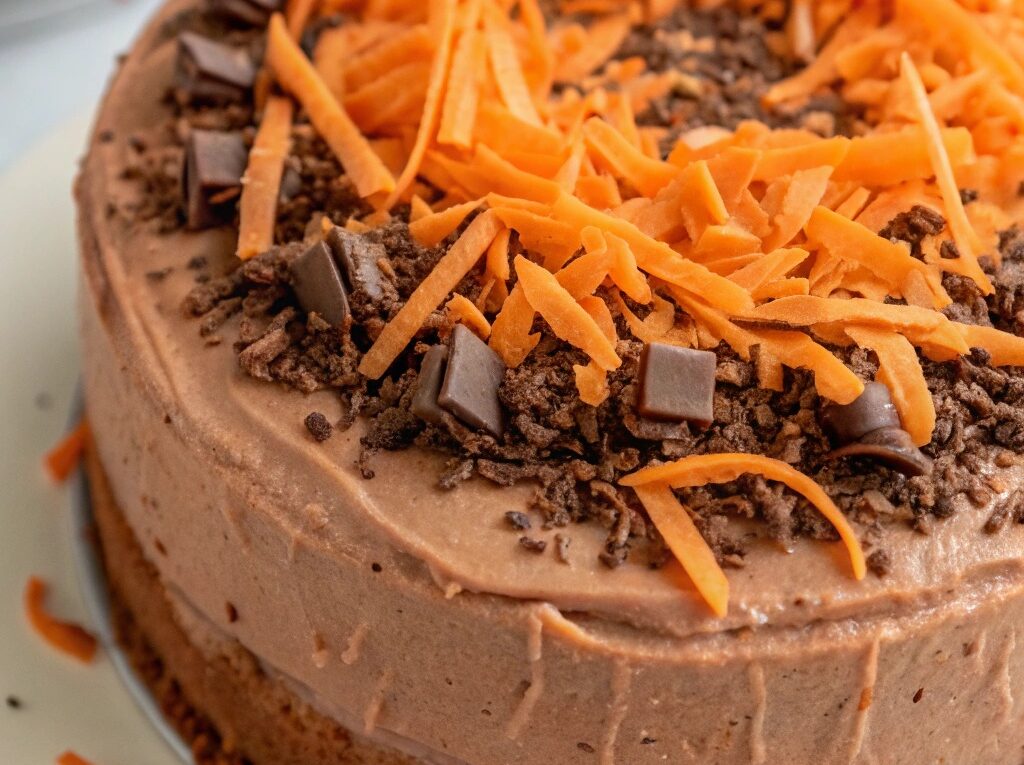 Bolo de cenoura decorado com cobertura de chocolate, raspas de cenoura e chocolate por cima.