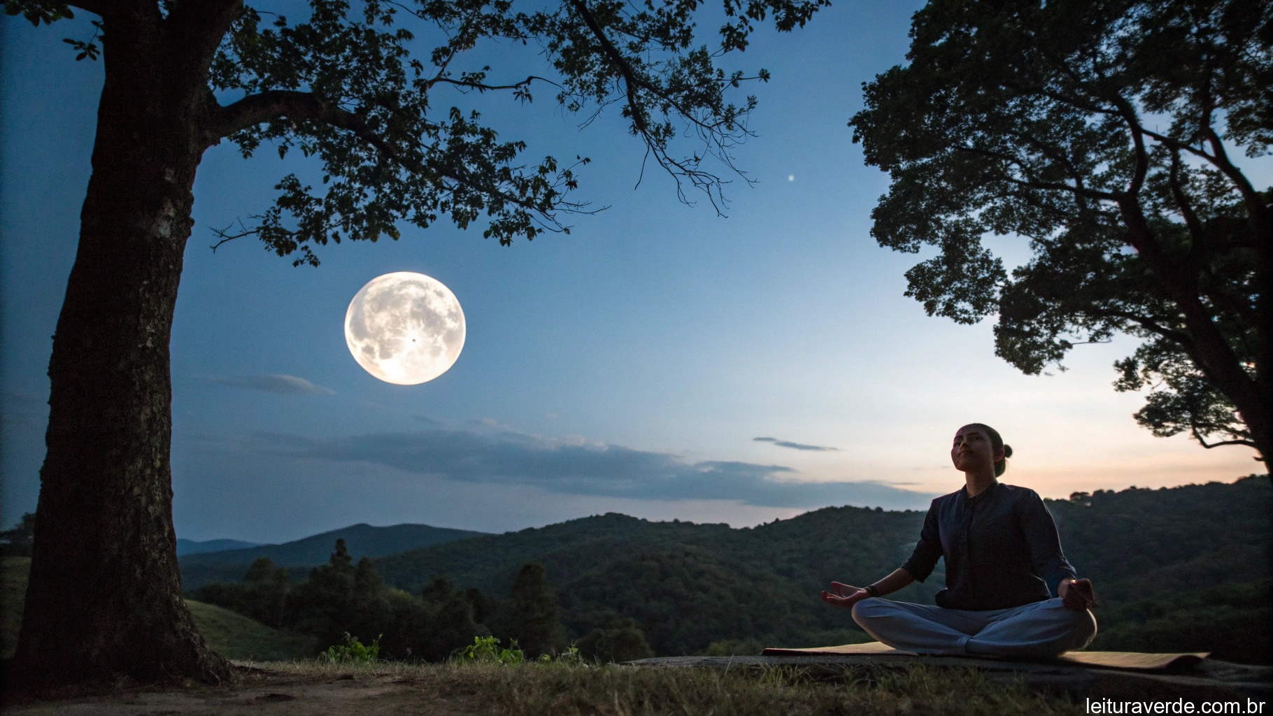 Pessoa meditando sob um céu iluminado pela lua, cercada pela natureza