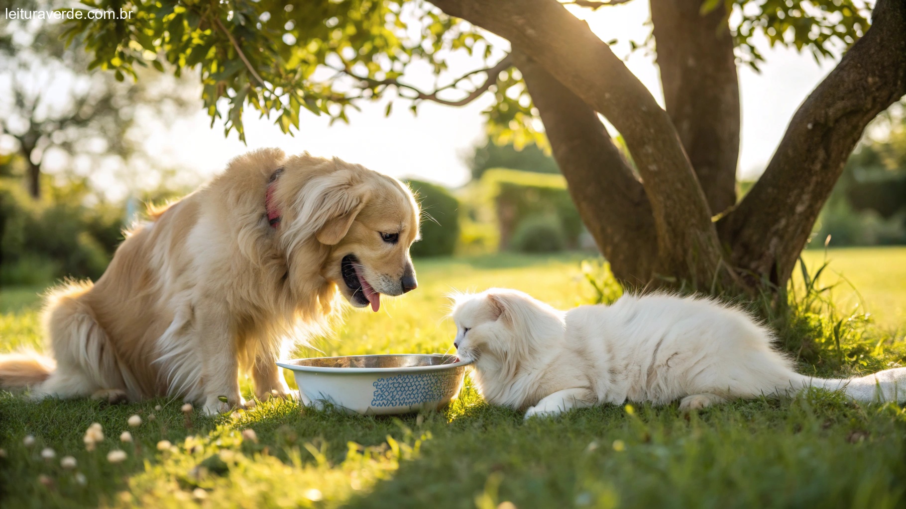 Um cachorro e um gato felizes brincando juntos sob a sombra de uma árvore em um dia ensolarado, com uma tigela de água por perto, representando dicas para cuidar dos pets no calor