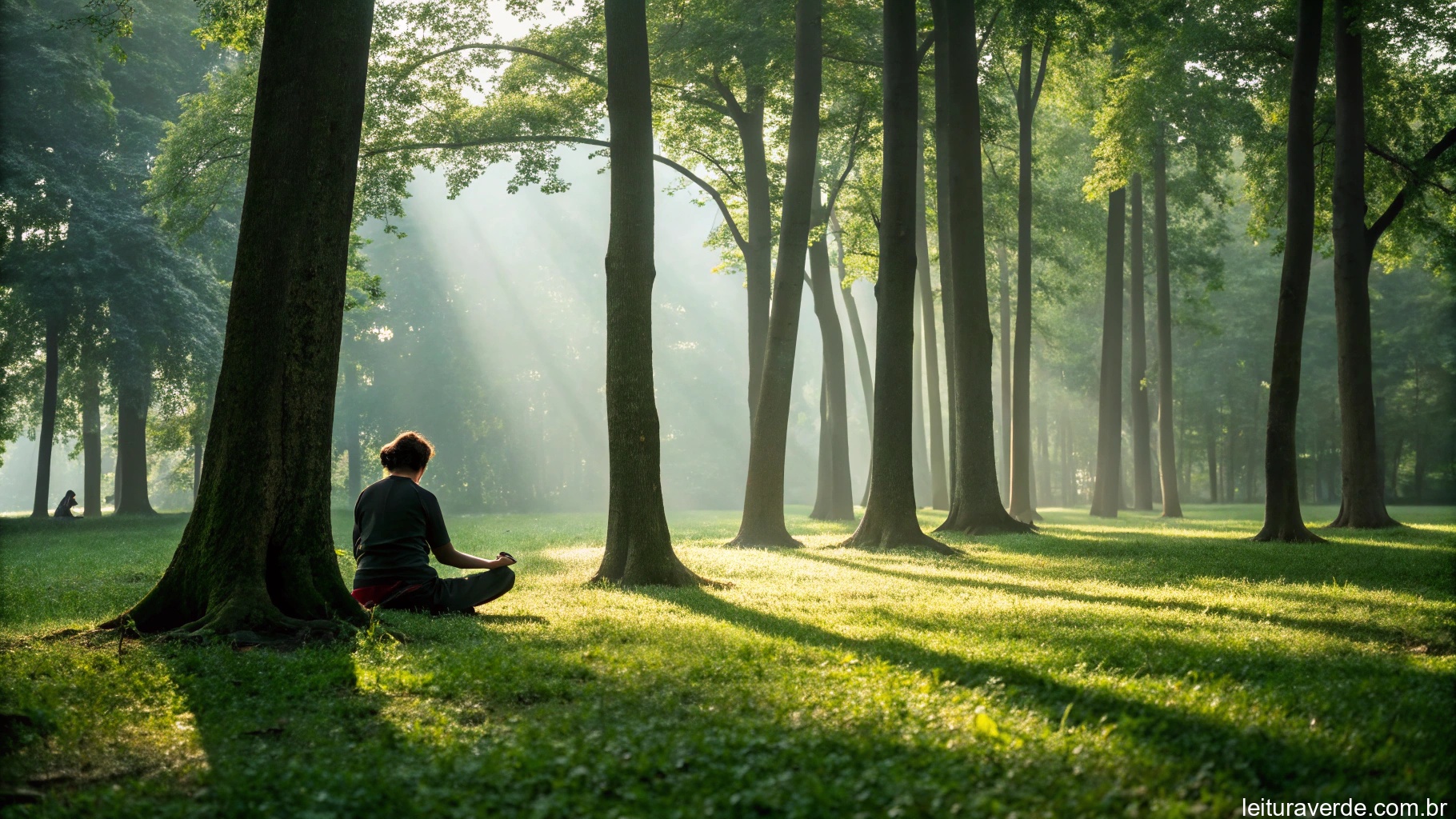 Pessoa meditando em uma floresta verdejante, com luz suave filtrando pelas folhas, simbolizando crescimento espiritual