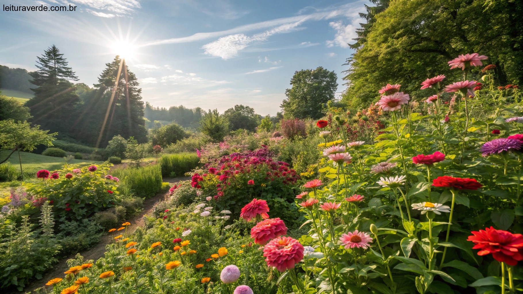 Um jardim vibrante com flores desabrochando e um sol brilhante, representando dicas para manter a motivação