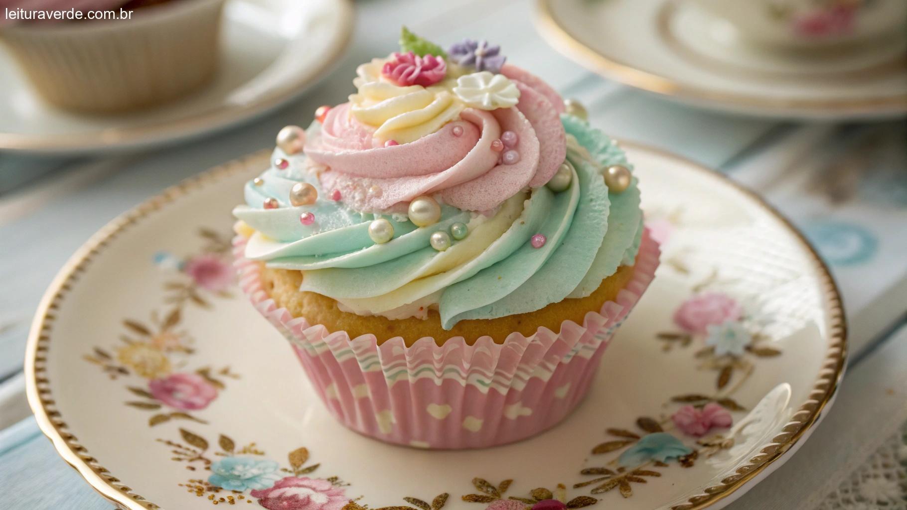 Close-up de um cupcake lindamente decorado com glacê de cores pastéis e confeitos, colocado em um prato vintage, simbolizando um momento doce e alegre