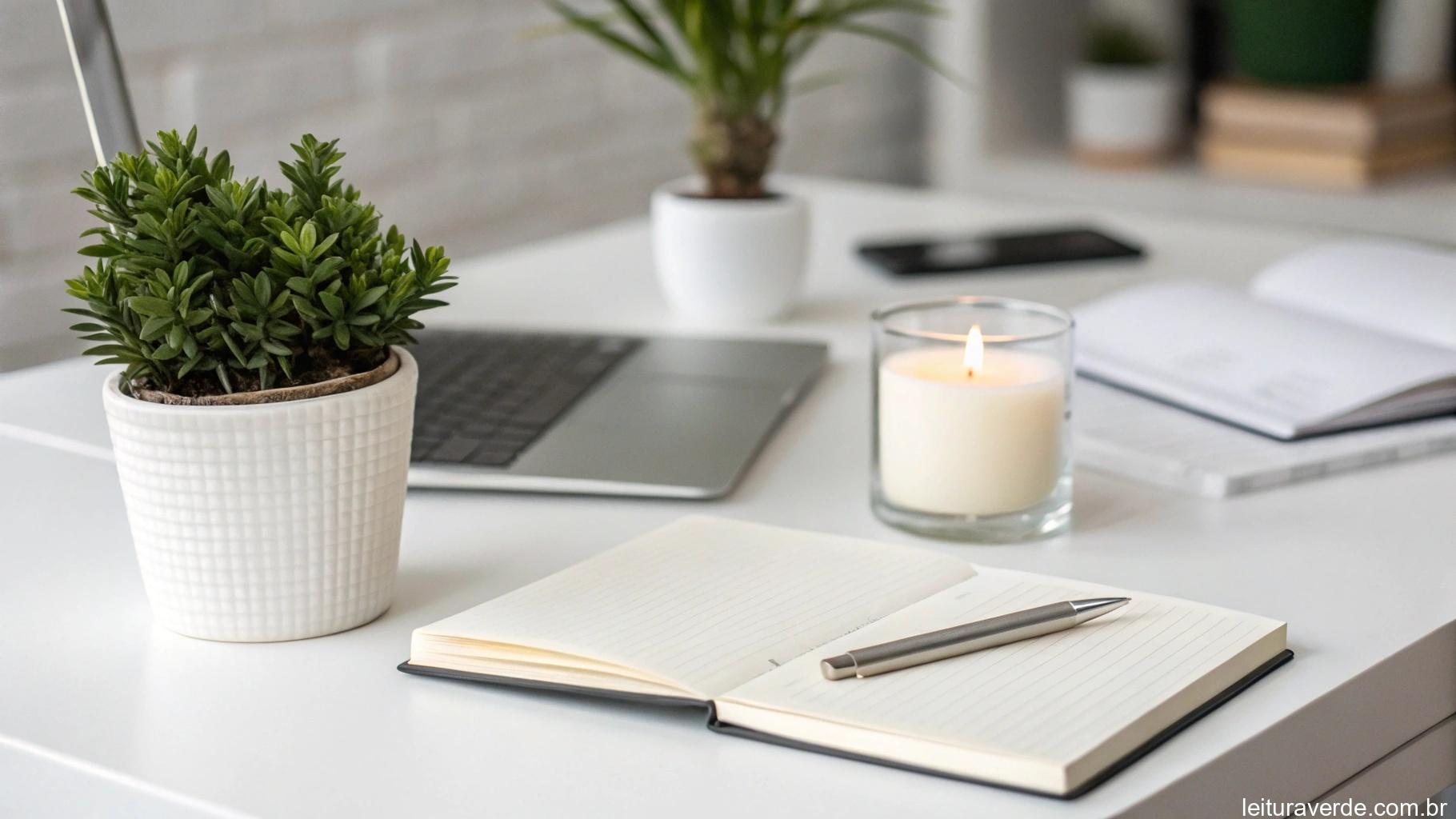 Espaço de trabalho minimalista com uma planta, uma vela e um caderno, organizado para criar um ambiente inspirador e calmante