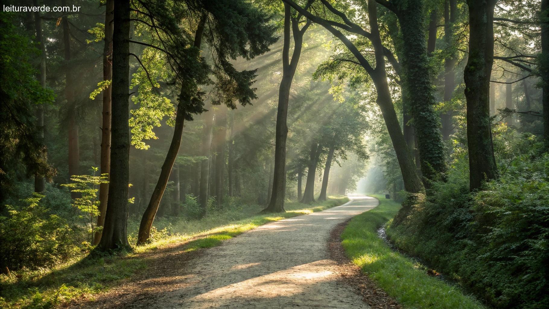 Um caminho por uma floresta tranquila com a luz do sol filtrando pelas árvores, criando uma sensação de calma e leveza