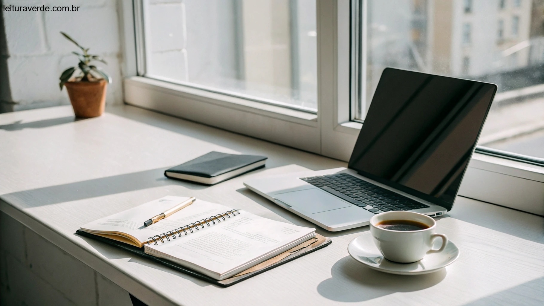 Um espaço de trabalho minimalista com um laptop, caderno e uma xícara de café, banhado por luz natural de uma grande janela