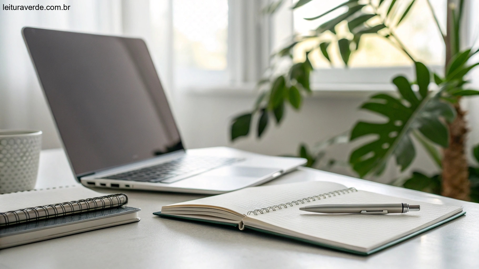 Imagem de um espaço de trabalho minimalista com um laptop, caderno e caneta organizados em uma mesa, com luz natural e uma planta verde ao fundo