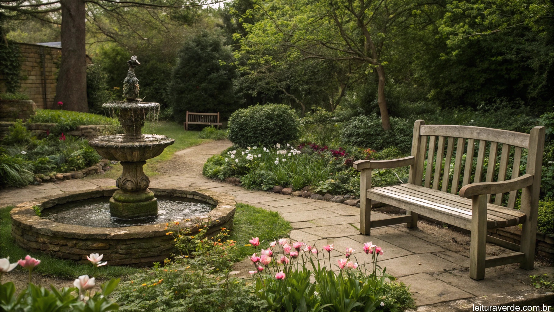 Jardim tranquilo com uma pequena fonte, flores desabrochando e um banco de madeira, cercado por vegetação