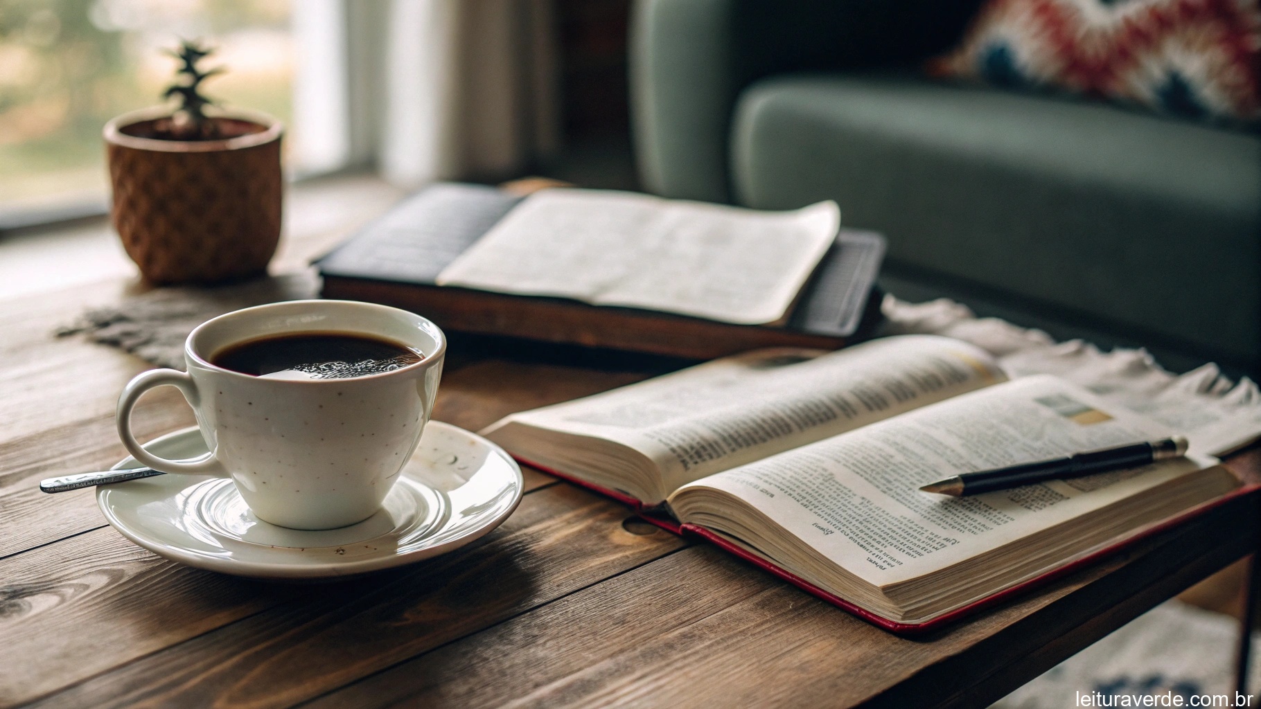 Ambiente aconchegante com café, Bíblia e caderno