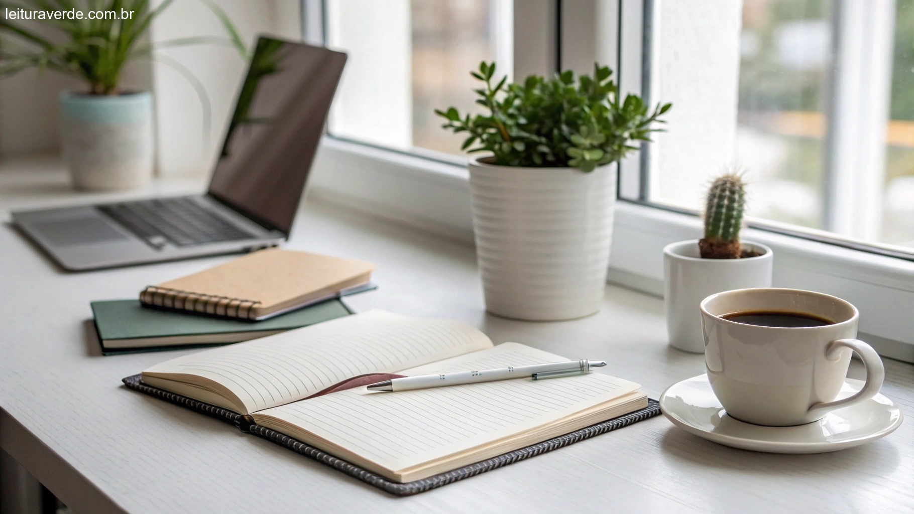 Uma mesa organizada com um caderno, uma xícara de café e uma planta, banhada pela luz natural de uma janela, simbolizando produtividade