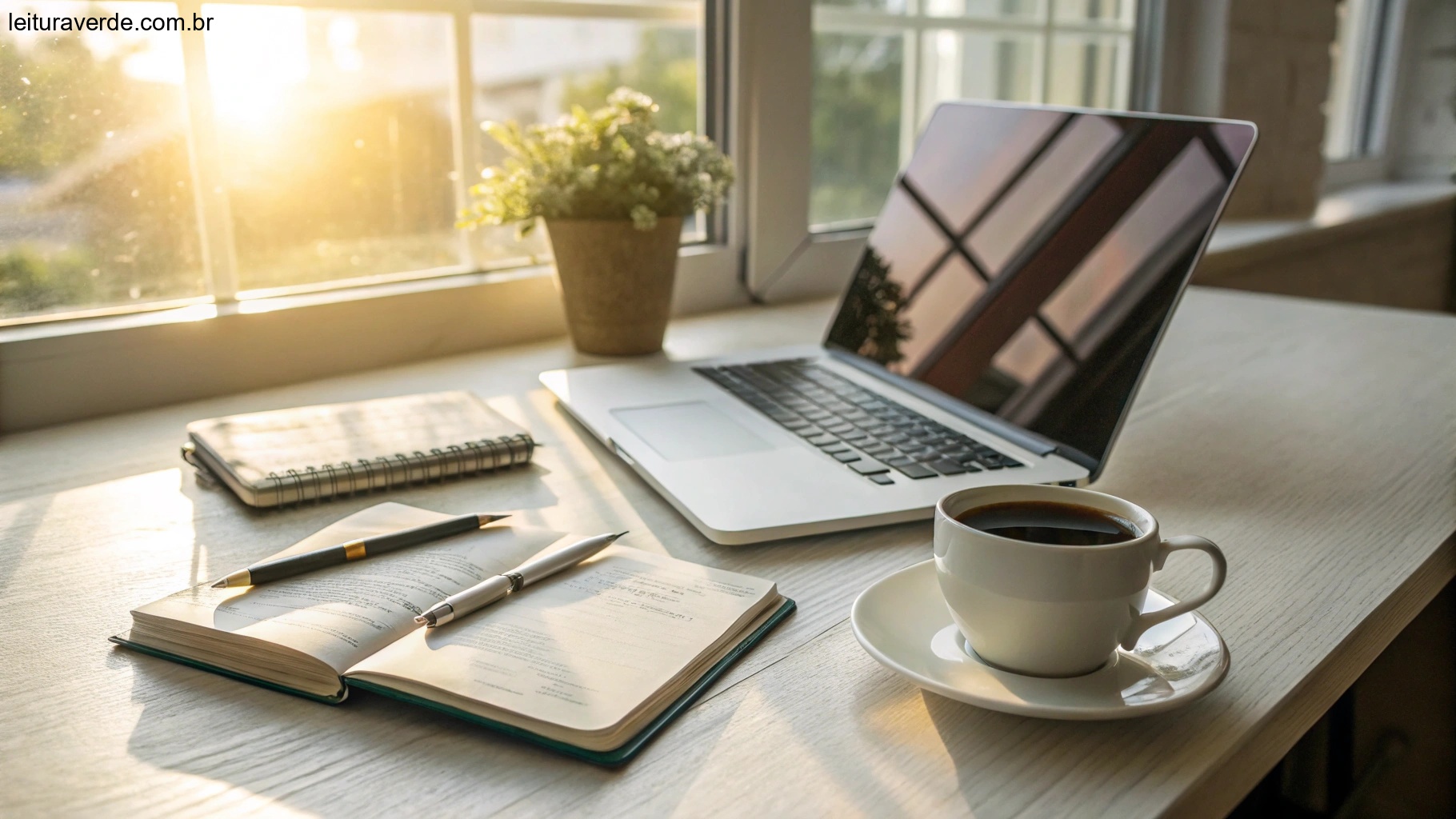 Mesa organizada com laptop, caderno e uma xícara de café, com luz do sol entrando pela janela, simbolizando uma sexta-feira produtiva.