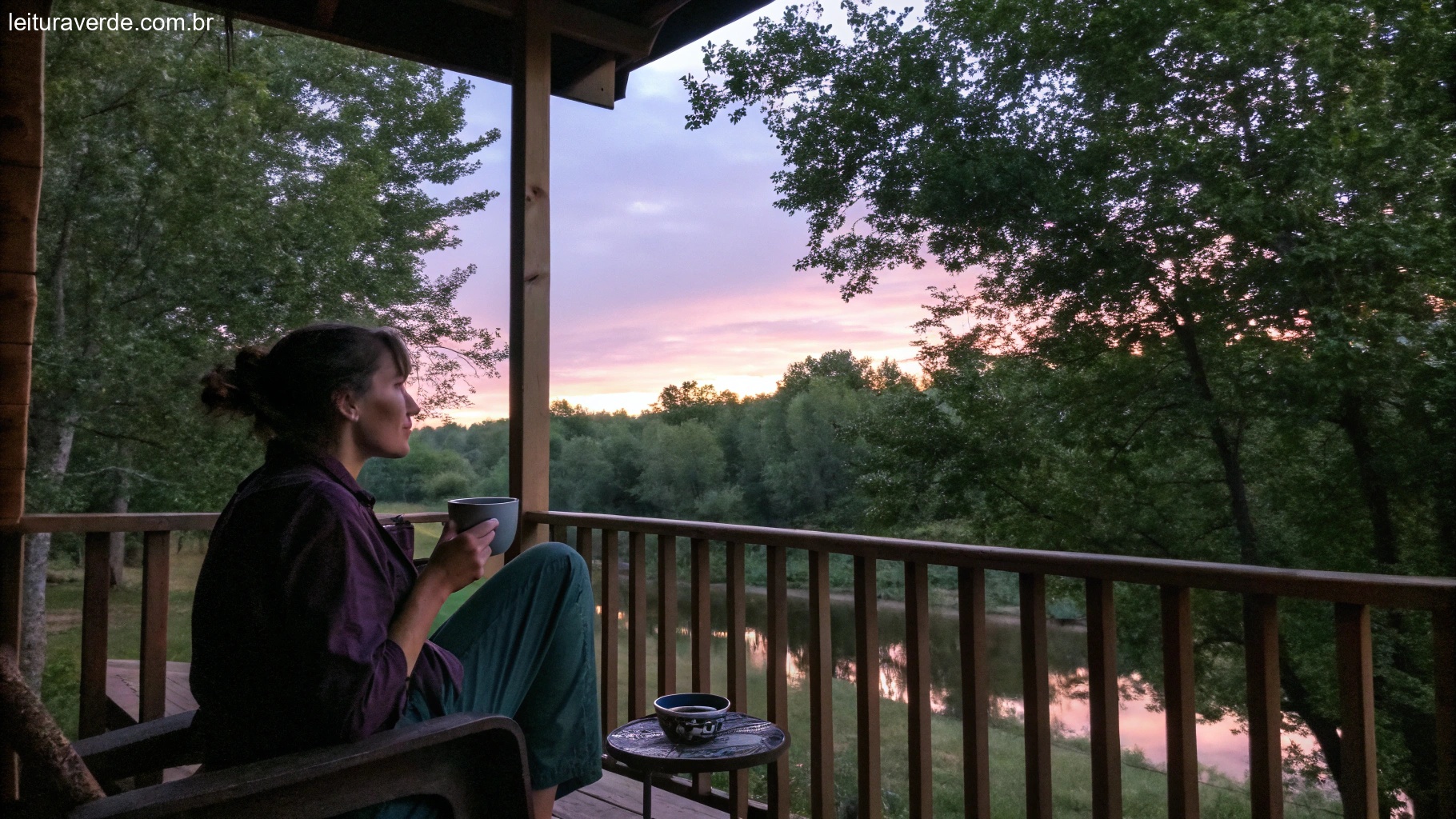 Uma cena tranquila de final de tarde com uma pessoa sentada em uma varanda, cercada pela natureza, segurando uma xícara de chá, simbolizando encerrar o dia com gratidão