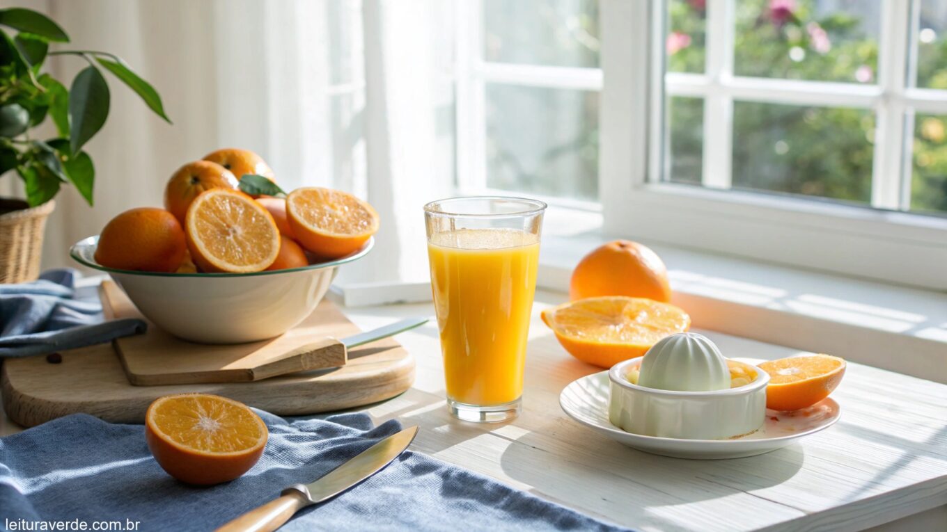 Fresh orange juice on a breakfast table with sunlight streaming in.