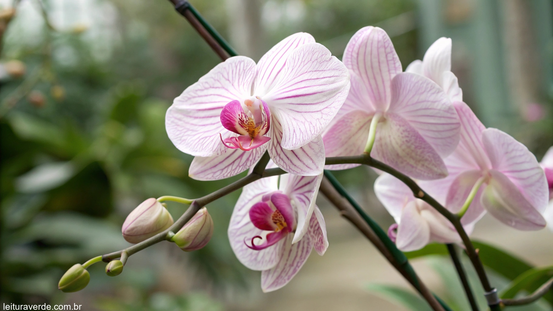 Close-up de uma orquídea Phalaenopsis com pétalas delicadas rosa e brancas.