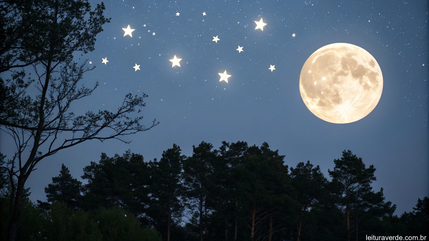 Céu noturno com lua cheia cercada por estrelas, representando o significado espiritual das fases da lua