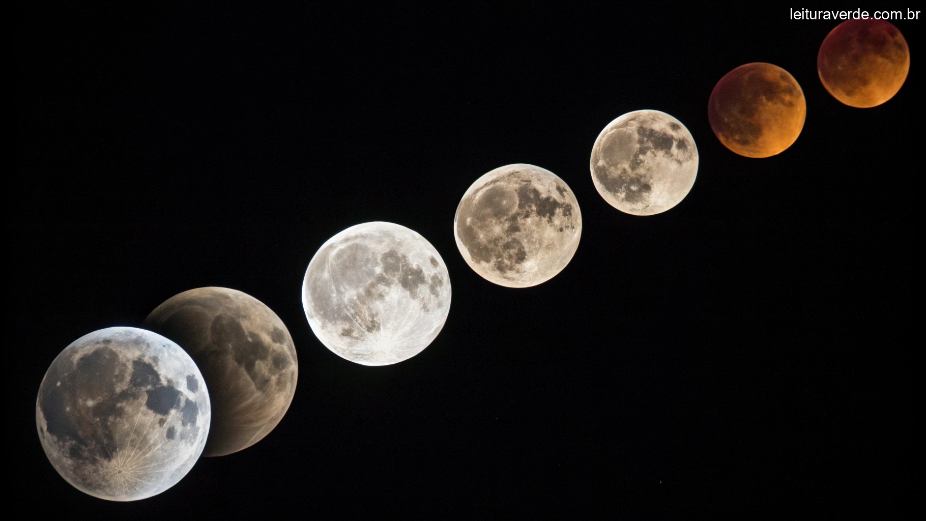 Sequência das fases da lua, da lua nova à lua cheia