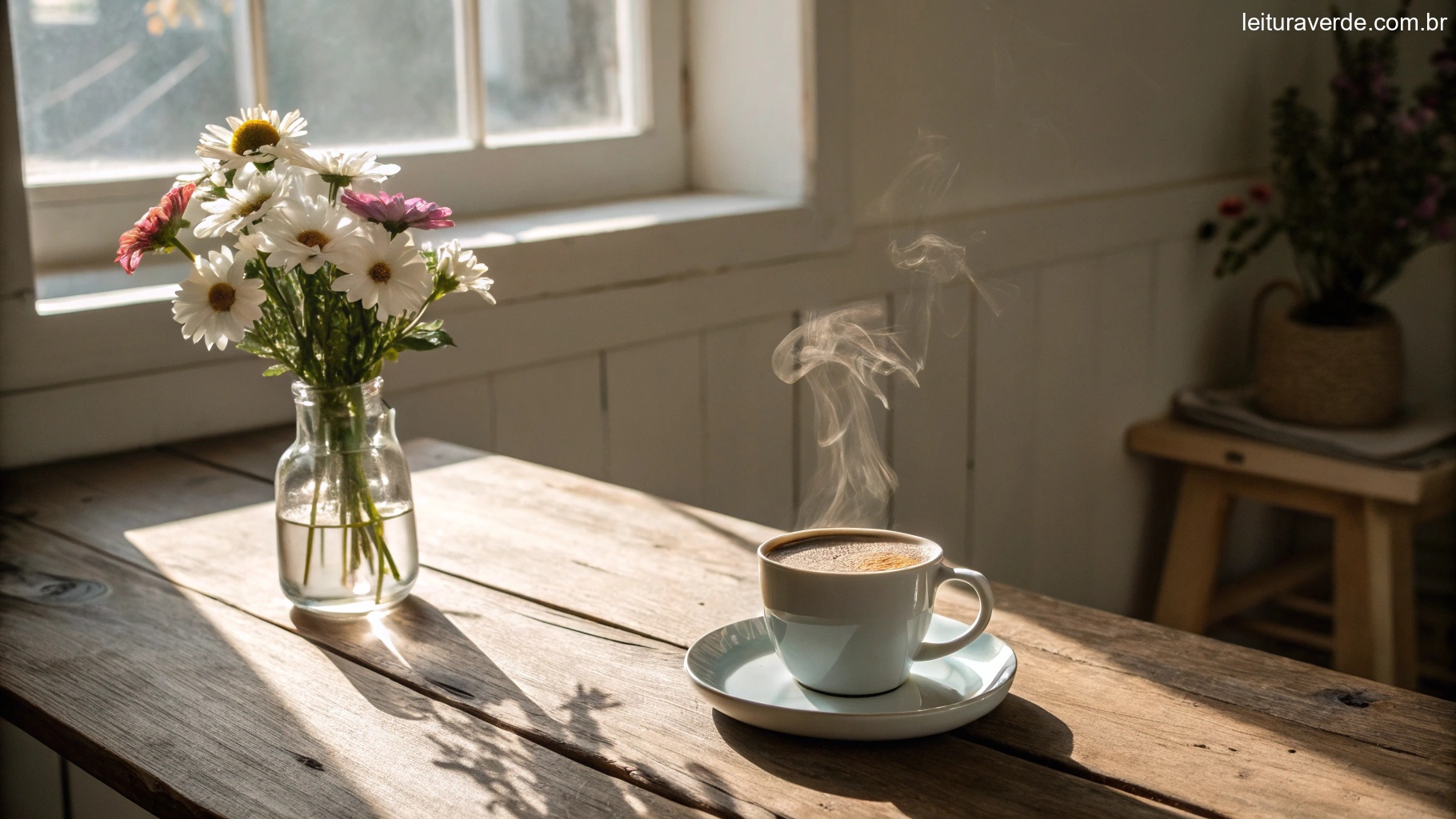 Uma cena aconchegante de manhã com uma xícara de café sobre uma mesa de madeira, um pequeno vaso com flores frescas e a luz suave do sol entrando pela janela