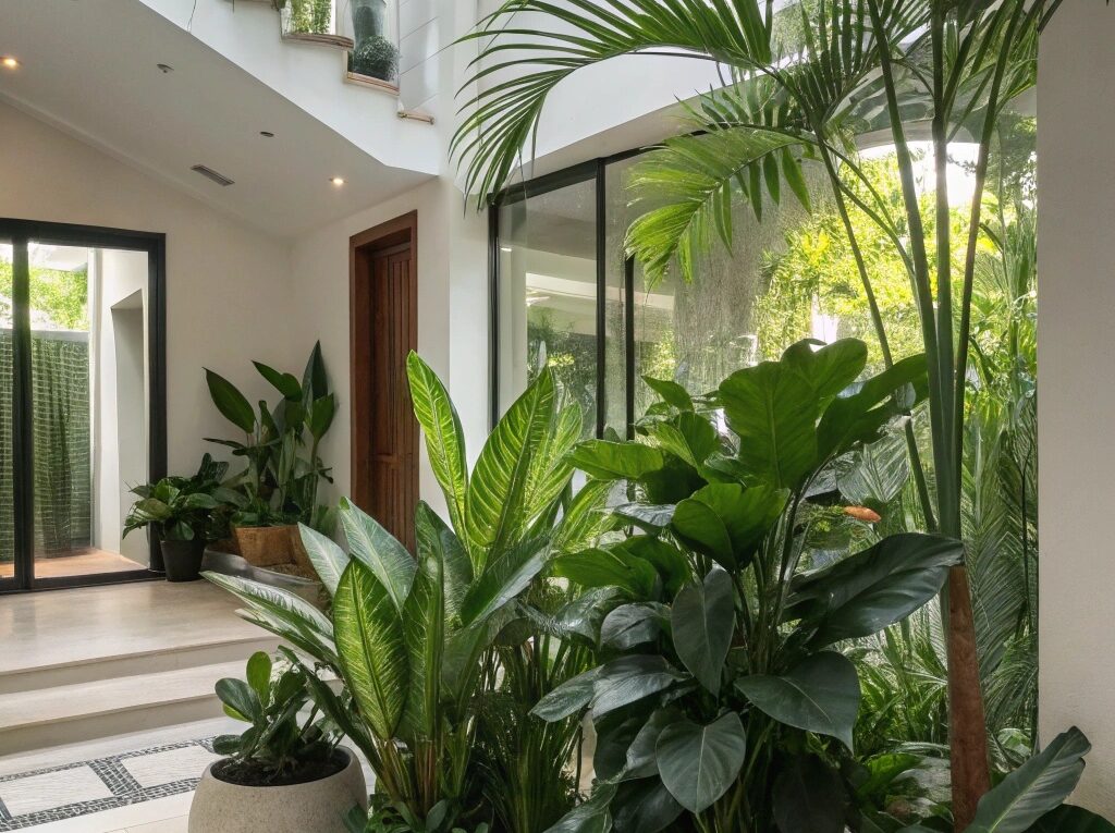 Horta em casa com seis plantas que purificam o ar, em um ambiente moderno e iluminado.