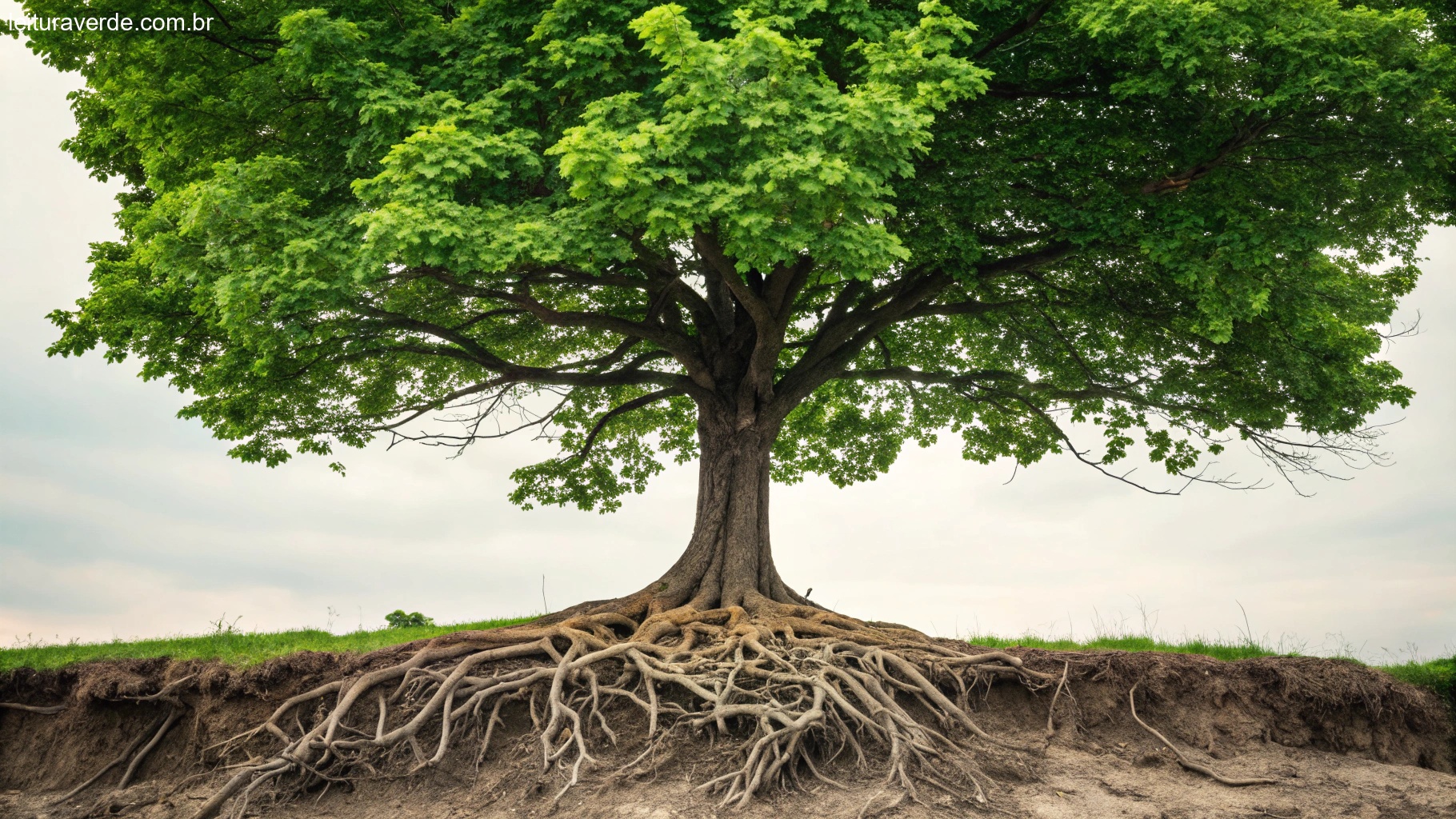 Uma árvore frondosa com raízes profundas e folhas verdes exuberantes, representando os impactos positivos da persistência