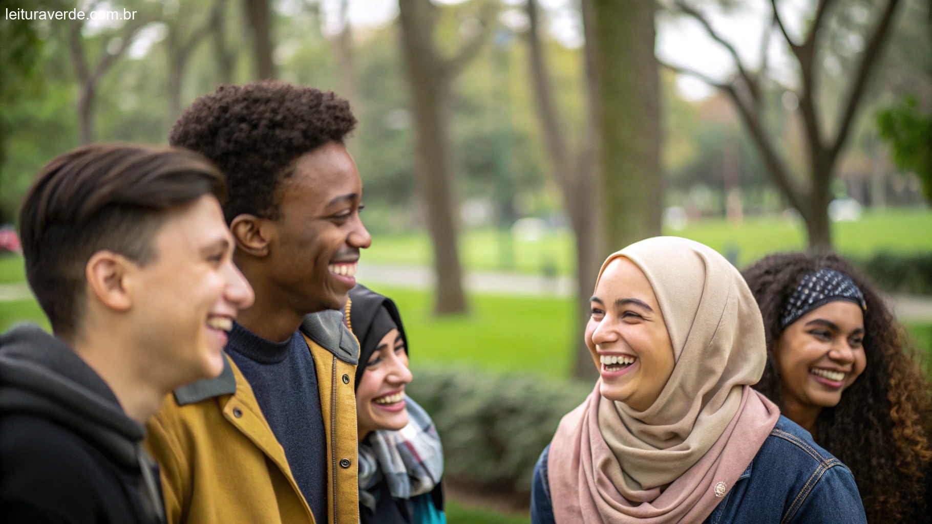 Um grupo de pessoas diversas sorrindo e compartilhando um momento positivo em um parque