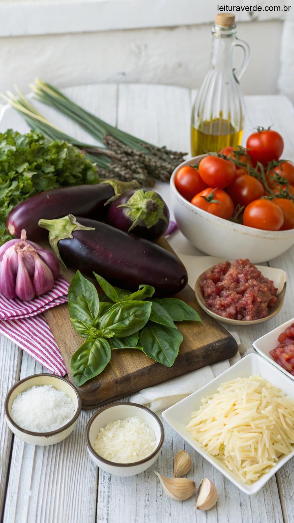 Ingredientes frescos para preparar lasanha de berinjela low-carb.