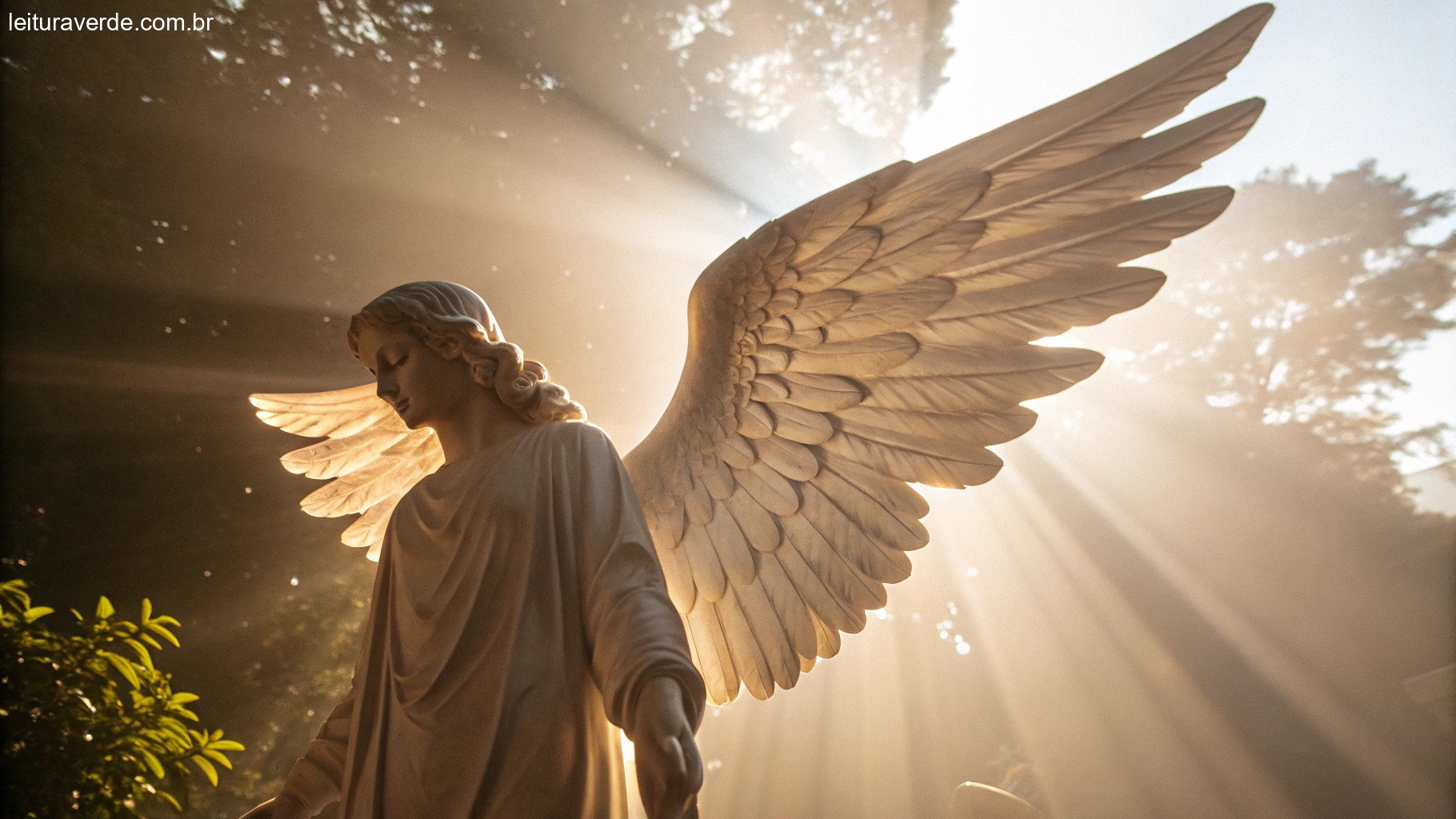 Uma figura angelical brilhante com asas suaves, cercada por uma luz quente, evocando proteção e inspiração