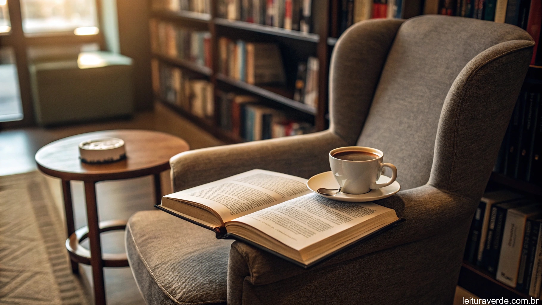 Um cantinho aconchegante para leitura com uma xícara de café e um livro aberto, simbolizando inspiração no dia a dia