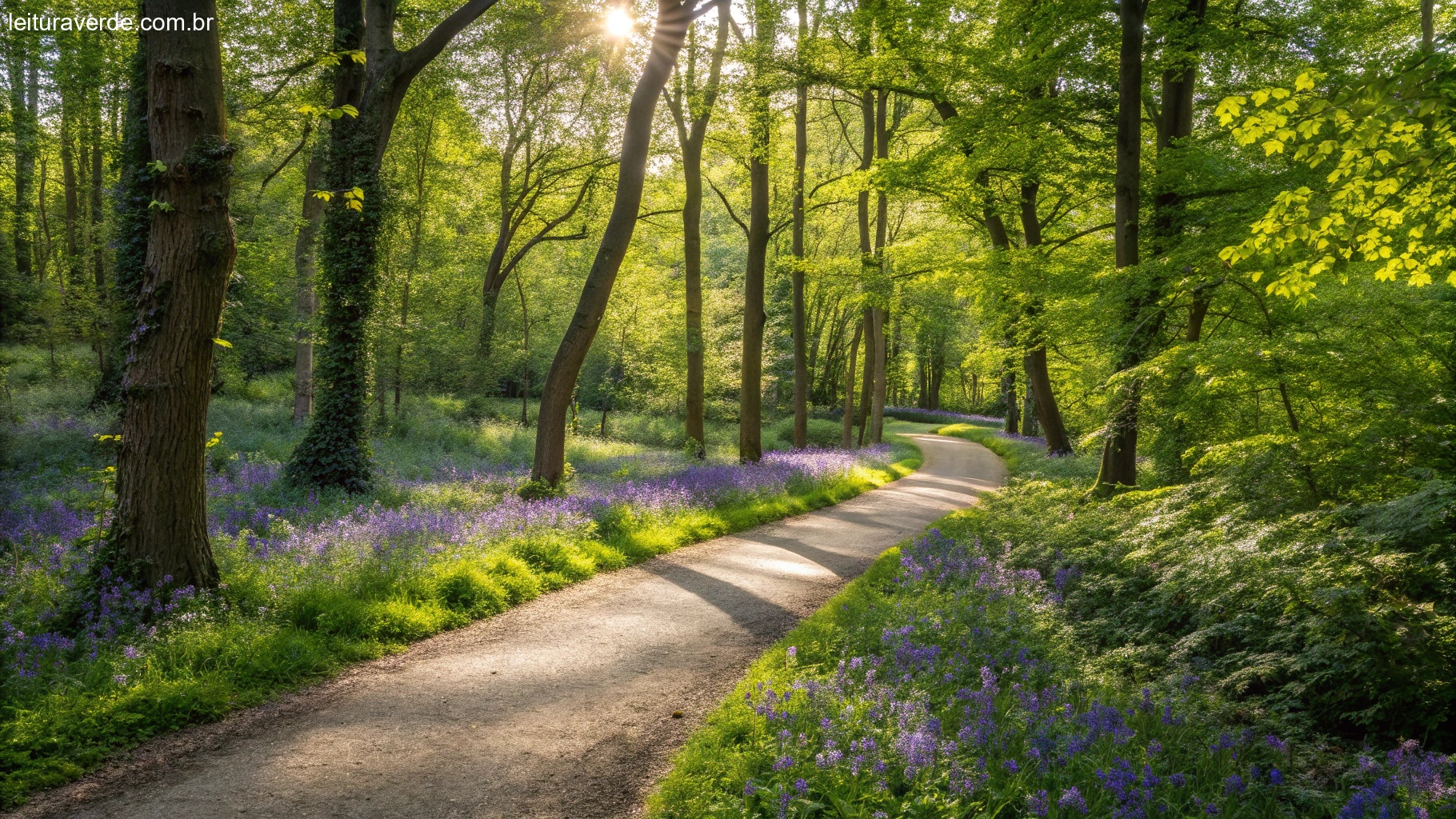 Um caminho sinuoso através de uma floresta vibrante com a luz do sol filtrando pelas árvores, criando uma sensação de aventura e calma