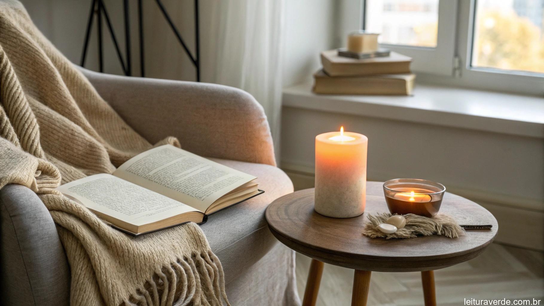 Uma sala aconchegante com uma vela acesa, um livro e um cobertor quente, evocando inspiração para o lar