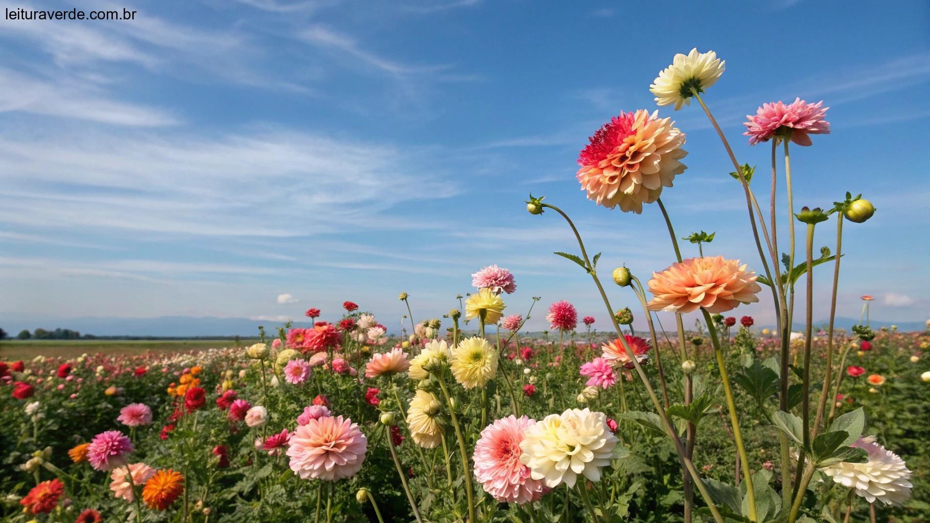 Um campo vibrante de flores sob um céu azul brilhante, simbolizando esperança, crescimento e novos começos