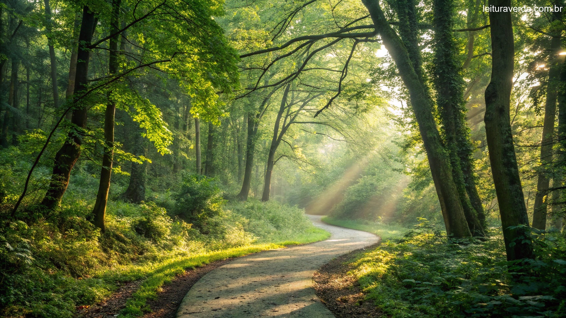 Um caminho sinuoso através de uma floresta vibrante com a luz do sol filtrando pelas árvores, criando uma sensação de aventura e inspiração