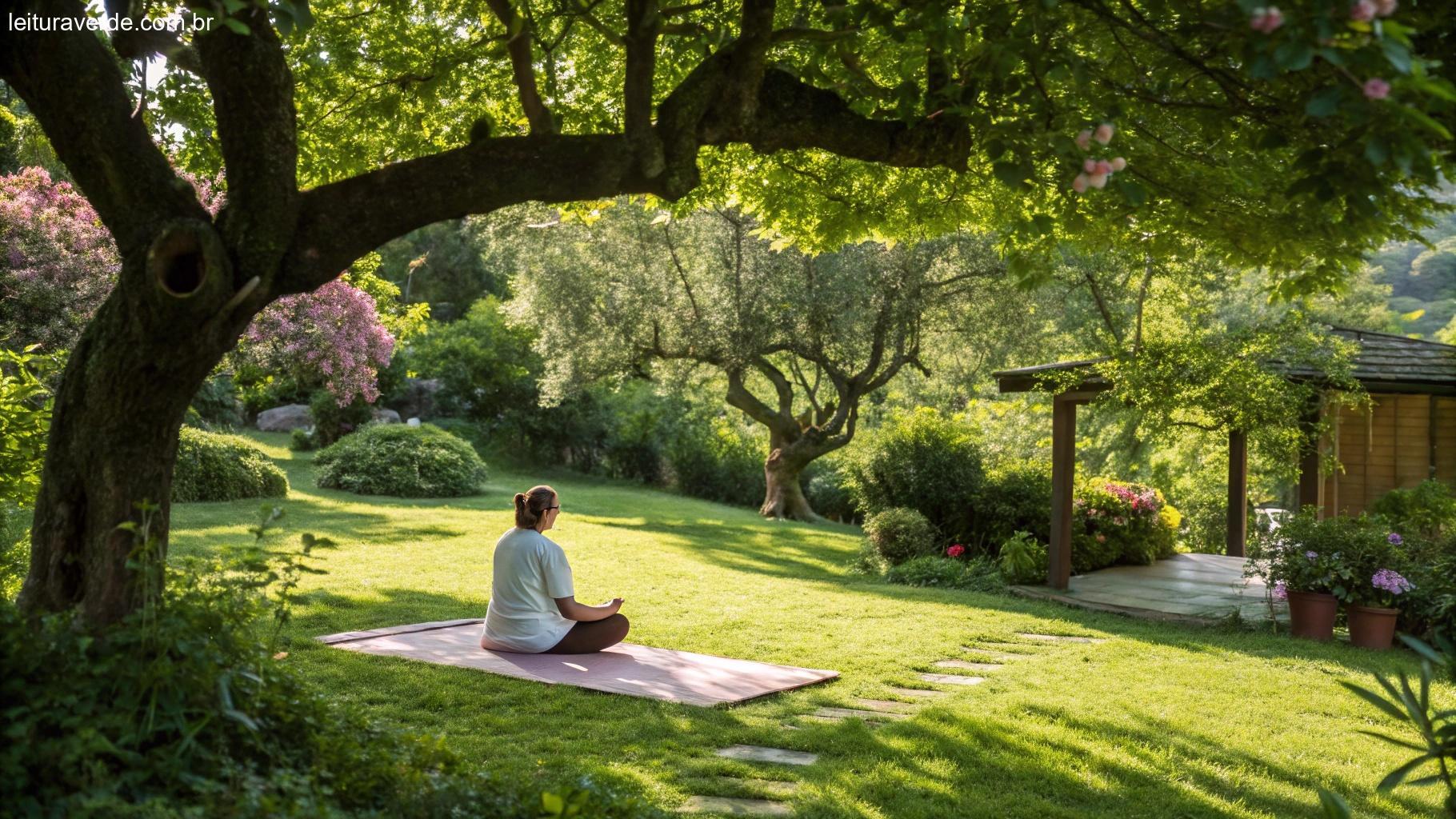 Sessão de yoga tranquila em um jardim exuberante, com uma pessoa meditando à sombra de uma árvore, cercada por vegetação