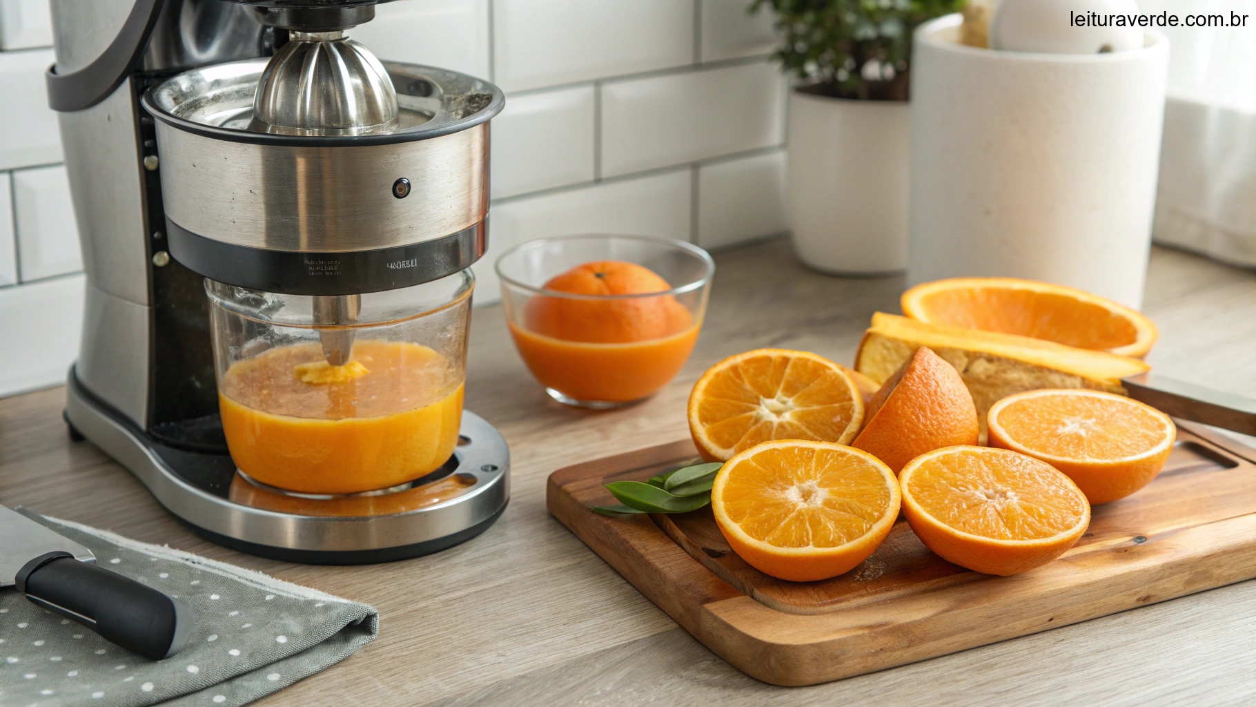 Juicer with fresh orange juice and pulp, emphasizing digestive health.