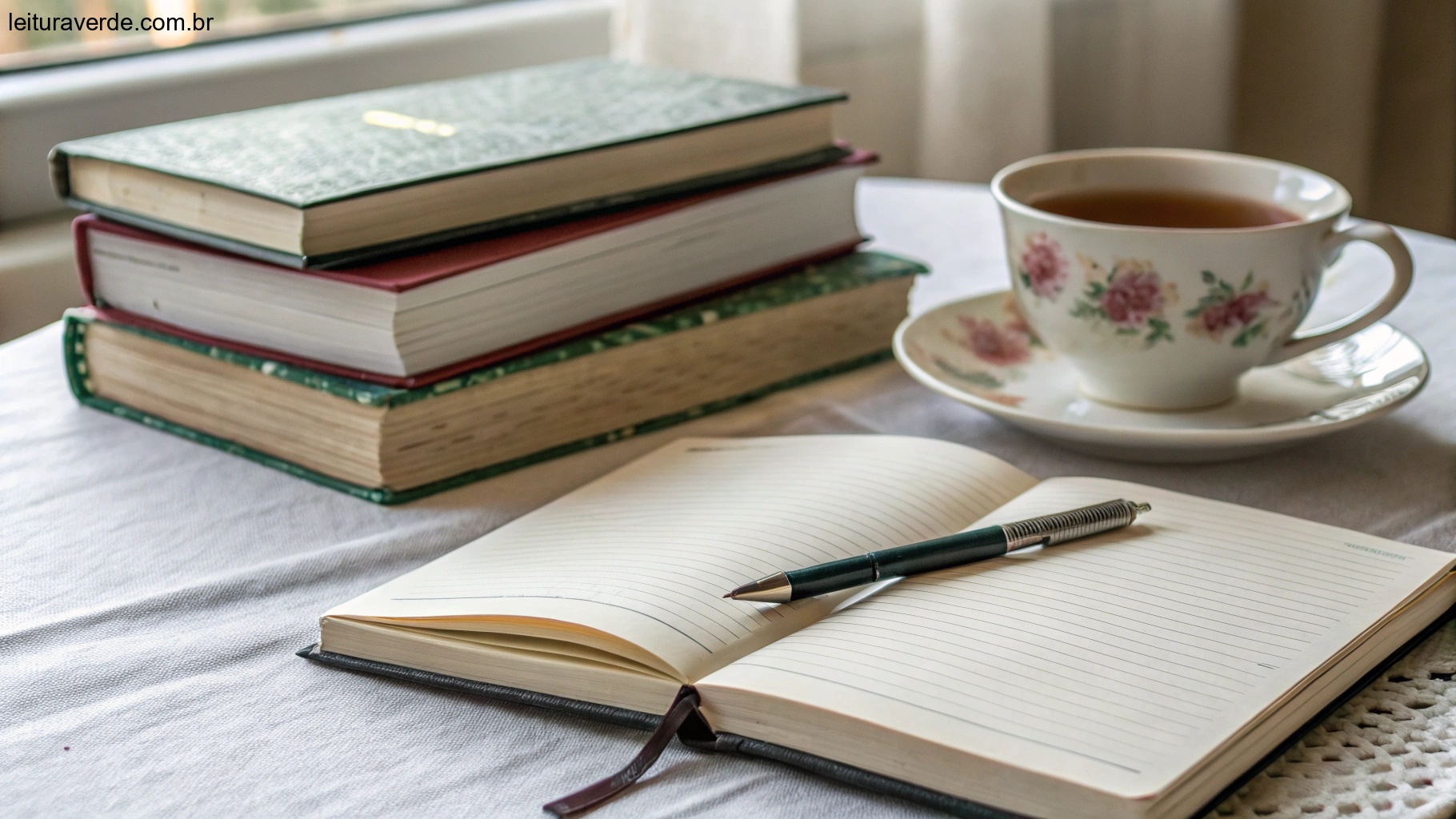 Colagem de livros inspiradores, uma xícara de chá e um caderno com uma caneta, organizados de forma arrumada em uma mesa com iluminação suave.