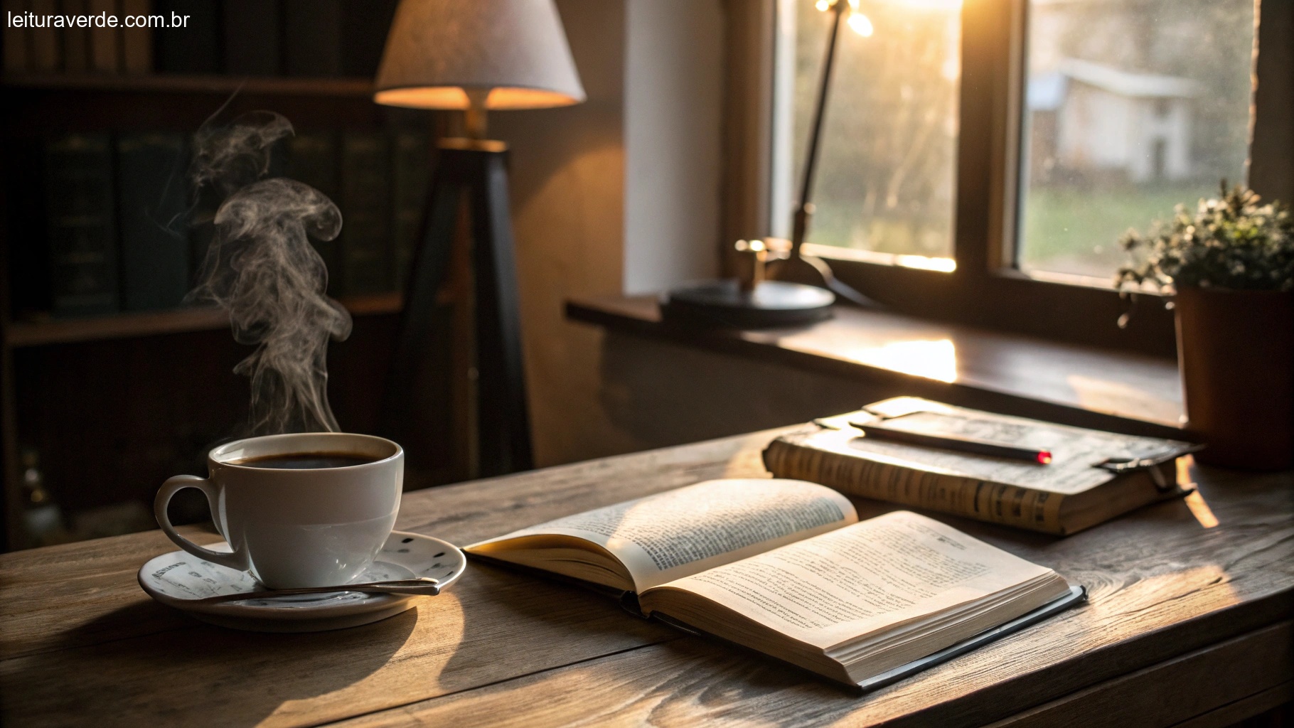 Um quarto aconchegante com luz quente, uma xícara de café sobre uma mesa de madeira e um livro aberto, evocando conforto e inspiração