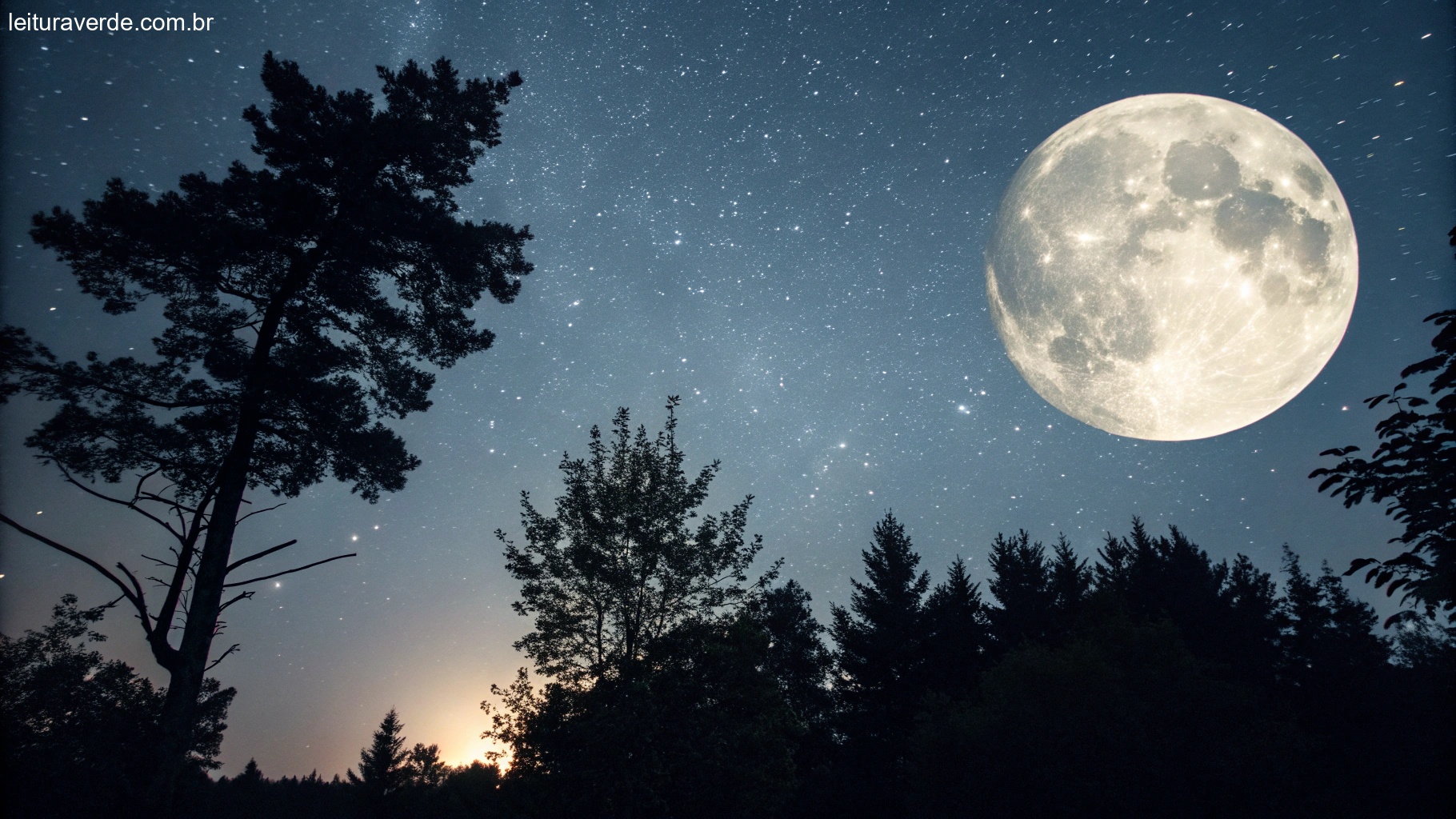 Uma lua cheia brilhando intensamente em um céu estrelado, com silhuetas de árvores e uma atmosfera tranquila, simbolizando a influência e o mistério da lua