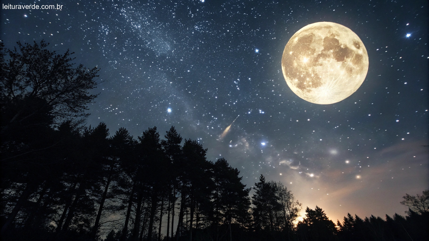 Céu noturno místico com uma lua cheia brilhante cercada por estrelas, simbolizando a influência da lua no dia