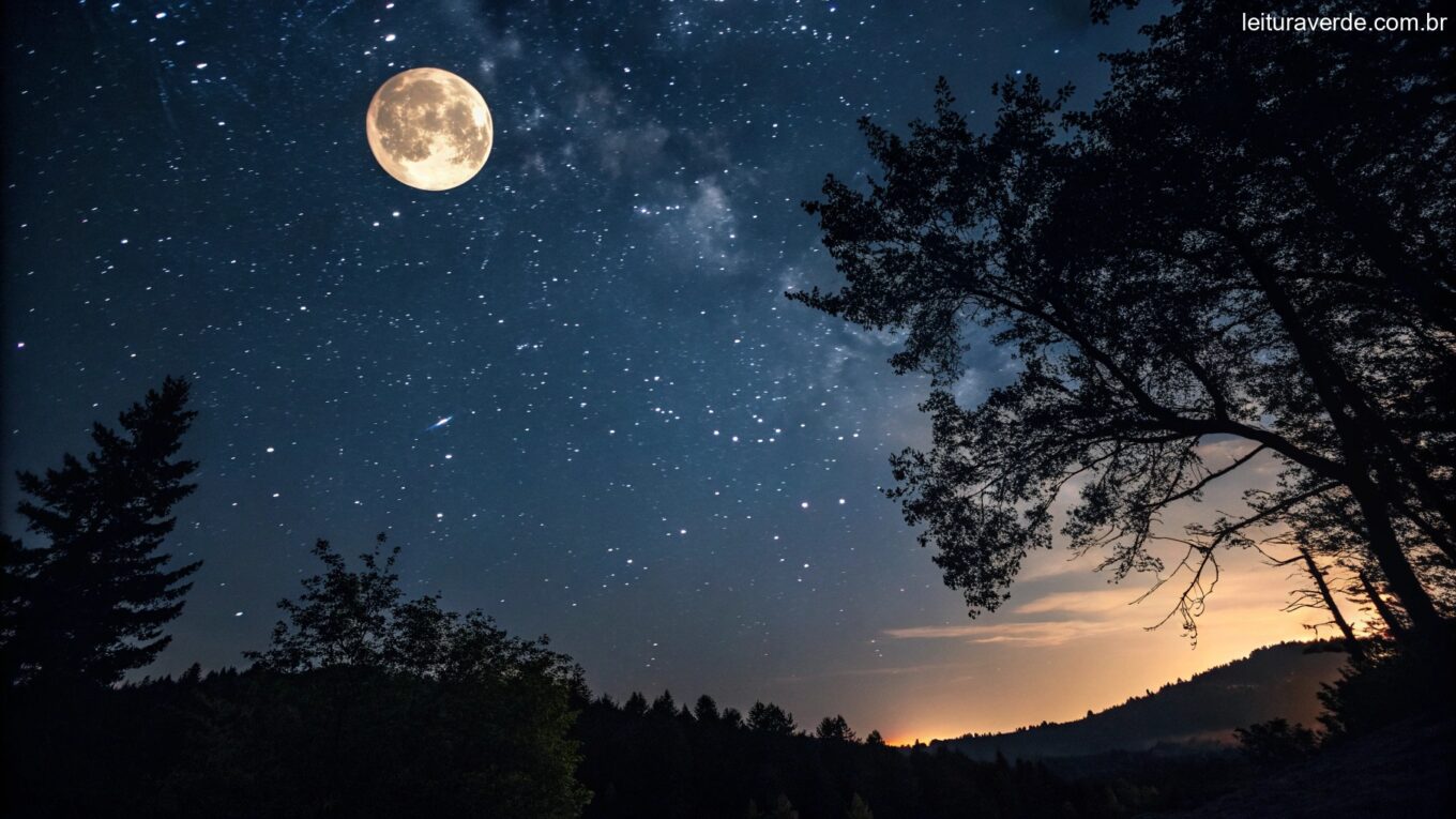 Céu noturno sereno com uma lua cheia, cercada por estrelas